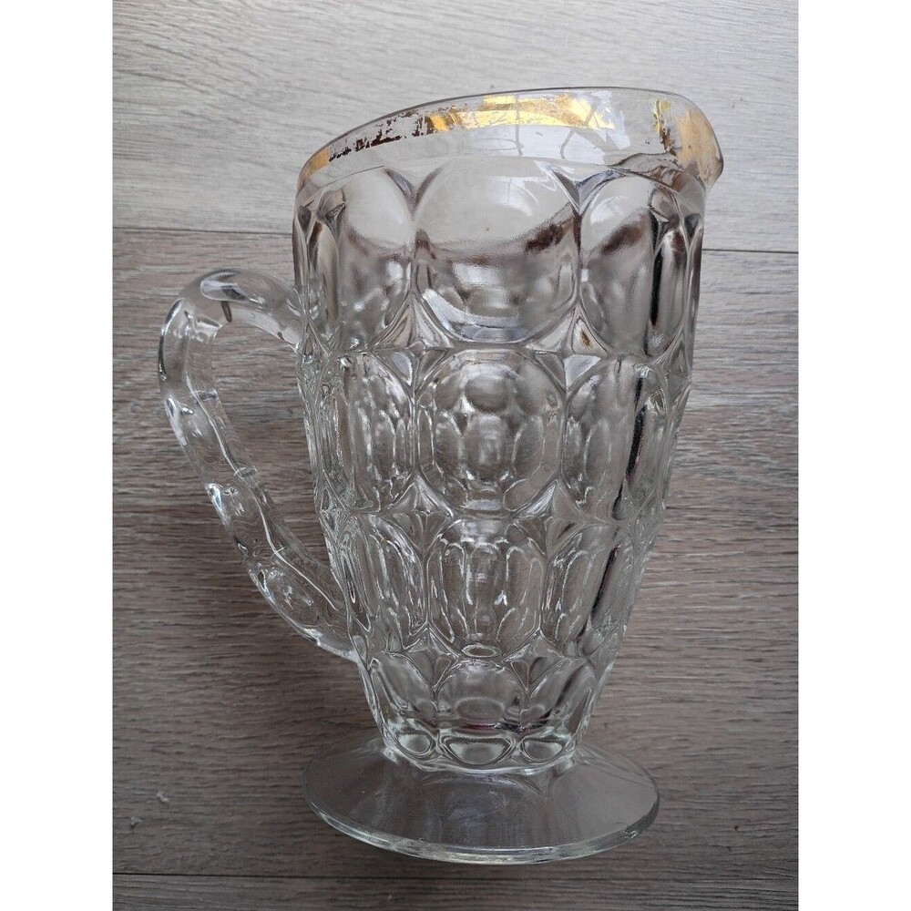 Jeanette Thumbprint Glass Pitcher Gold Trim 1960's Juice Water 20 Ounce